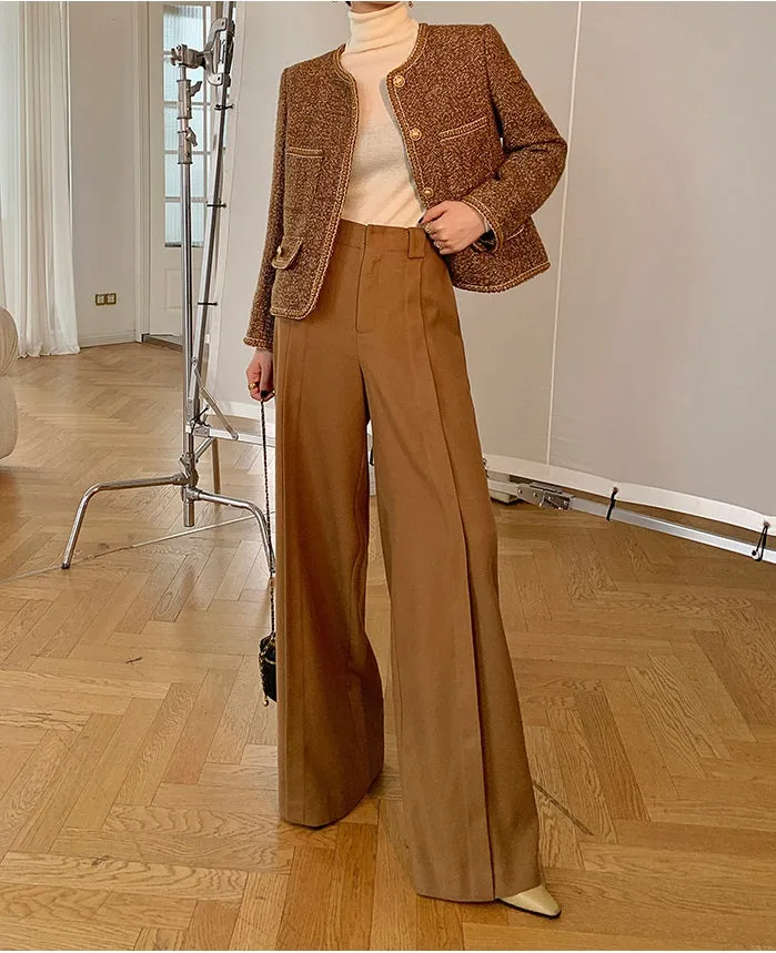 WANXO camel high waist drooping casual pants new straight loose wide leg pants- Tela