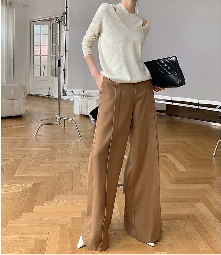 WANXO camel high waist drooping casual pants new straight loose wide leg pants- Tela