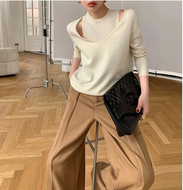 WANXO camel high waist drooping casual pants new straight loose wide leg pants- Tela