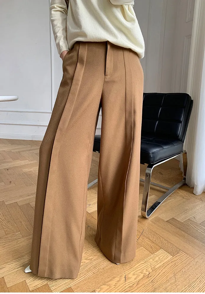 WANXO camel high waist drooping casual pants new straight loose wide leg pants- Tela