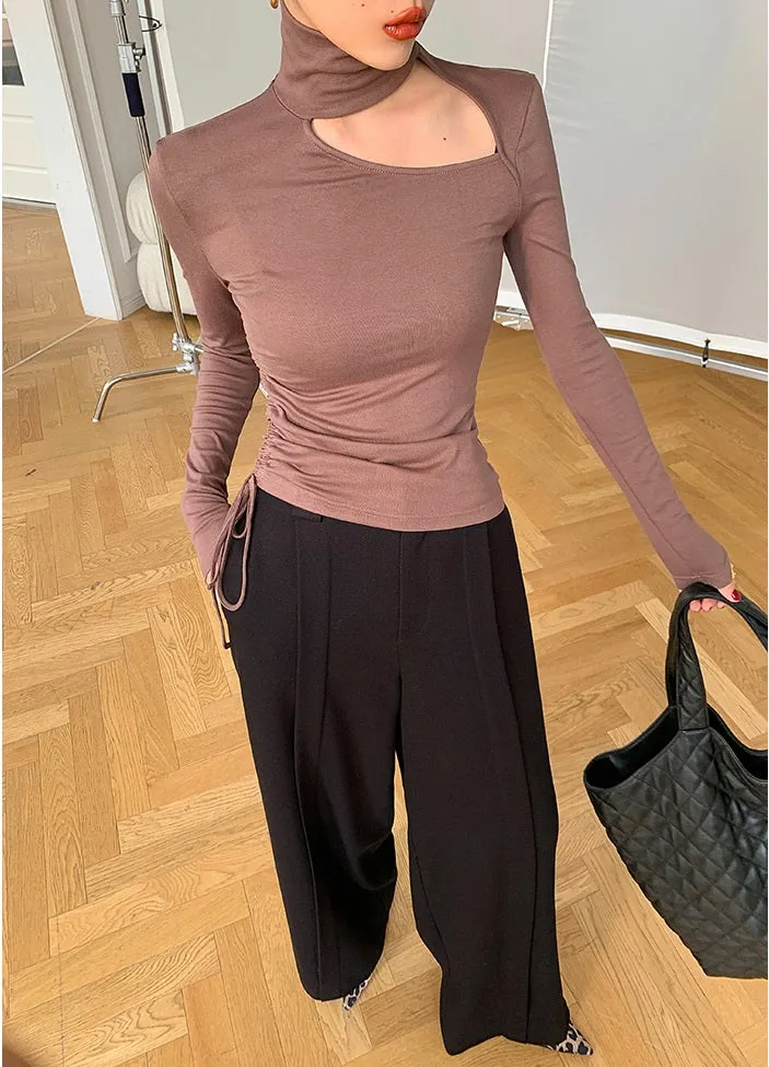 WANXO camel high waist drooping casual pants new straight loose wide leg pants- Tela