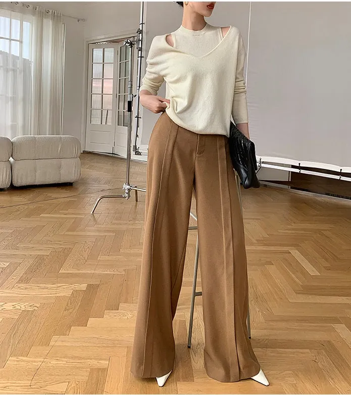 WANXO camel high waist drooping casual pants new straight loose wide leg pants- Tela