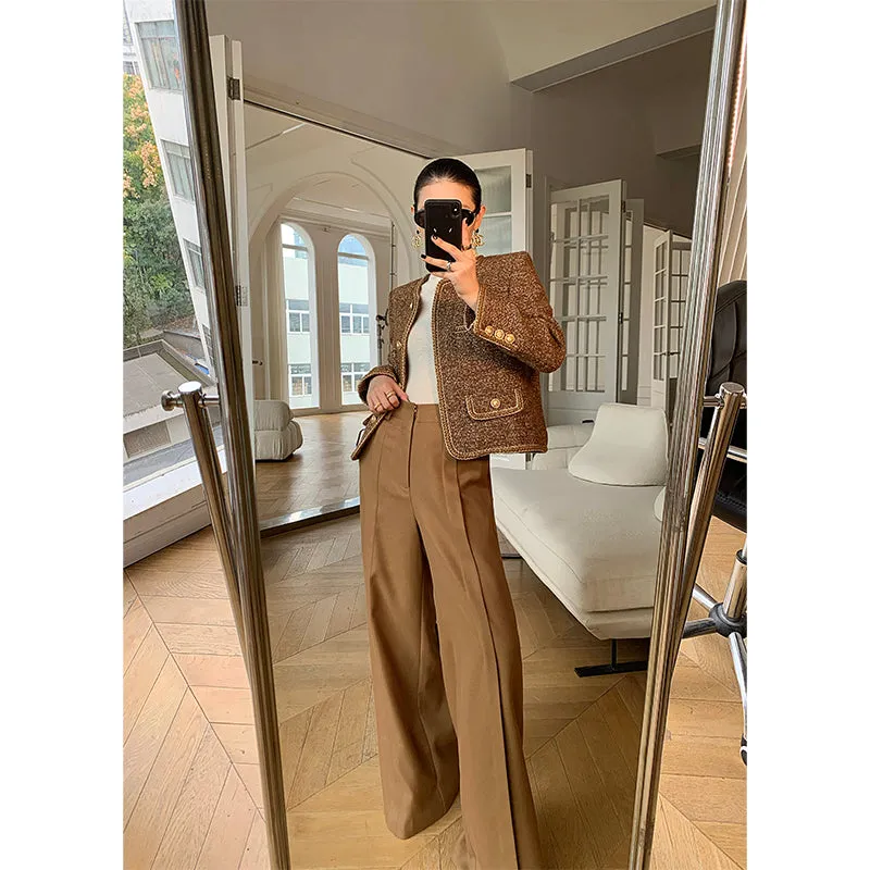 WANXO camel high waist drooping casual pants new straight loose wide leg pants- Tela