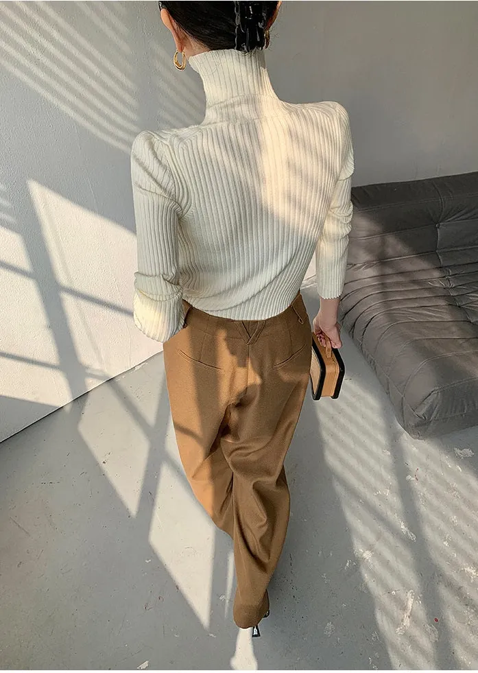 WANXO camel high waist drooping casual pants new straight loose wide leg pants- Tela