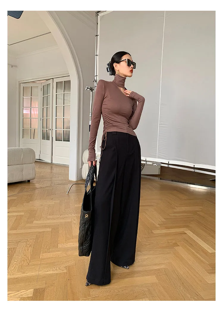 WANXO camel high waist drooping casual pants new straight loose wide leg pants- Tela