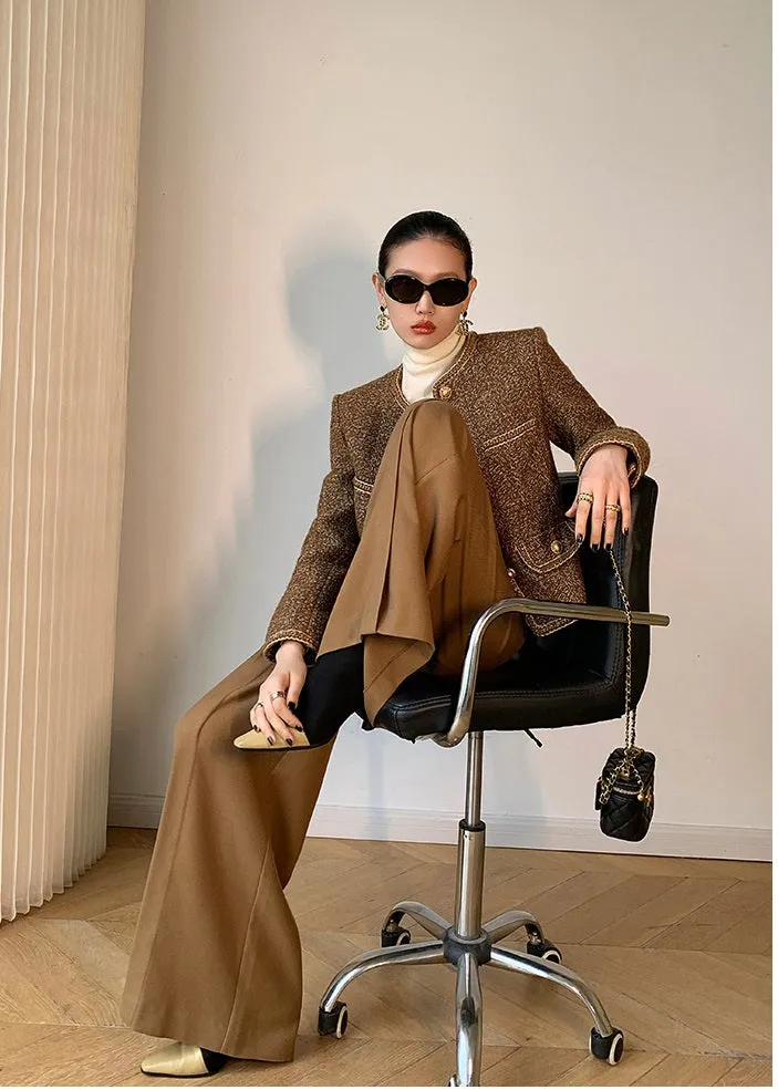 WANXO camel high waist drooping casual pants new straight loose wide leg pants- Tela