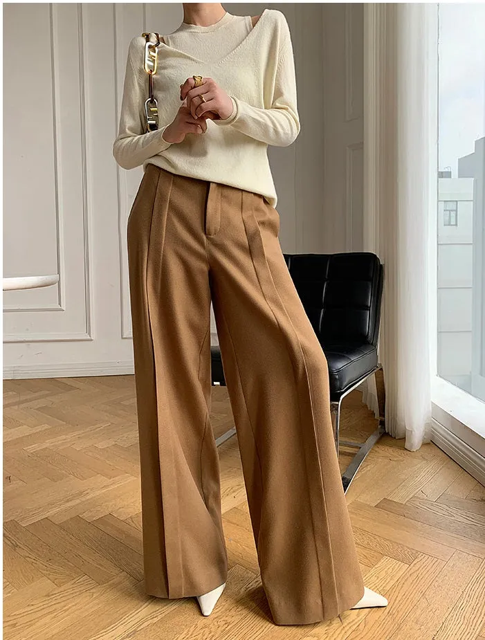 WANXO camel high waist drooping casual pants new straight loose wide leg pants- Tela