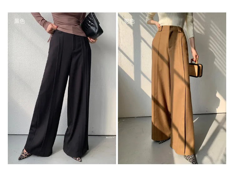 WANXO camel high waist drooping casual pants new straight loose wide leg pants- Tela