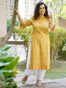 Women's Cotton Yellow & Green Collared Kurti