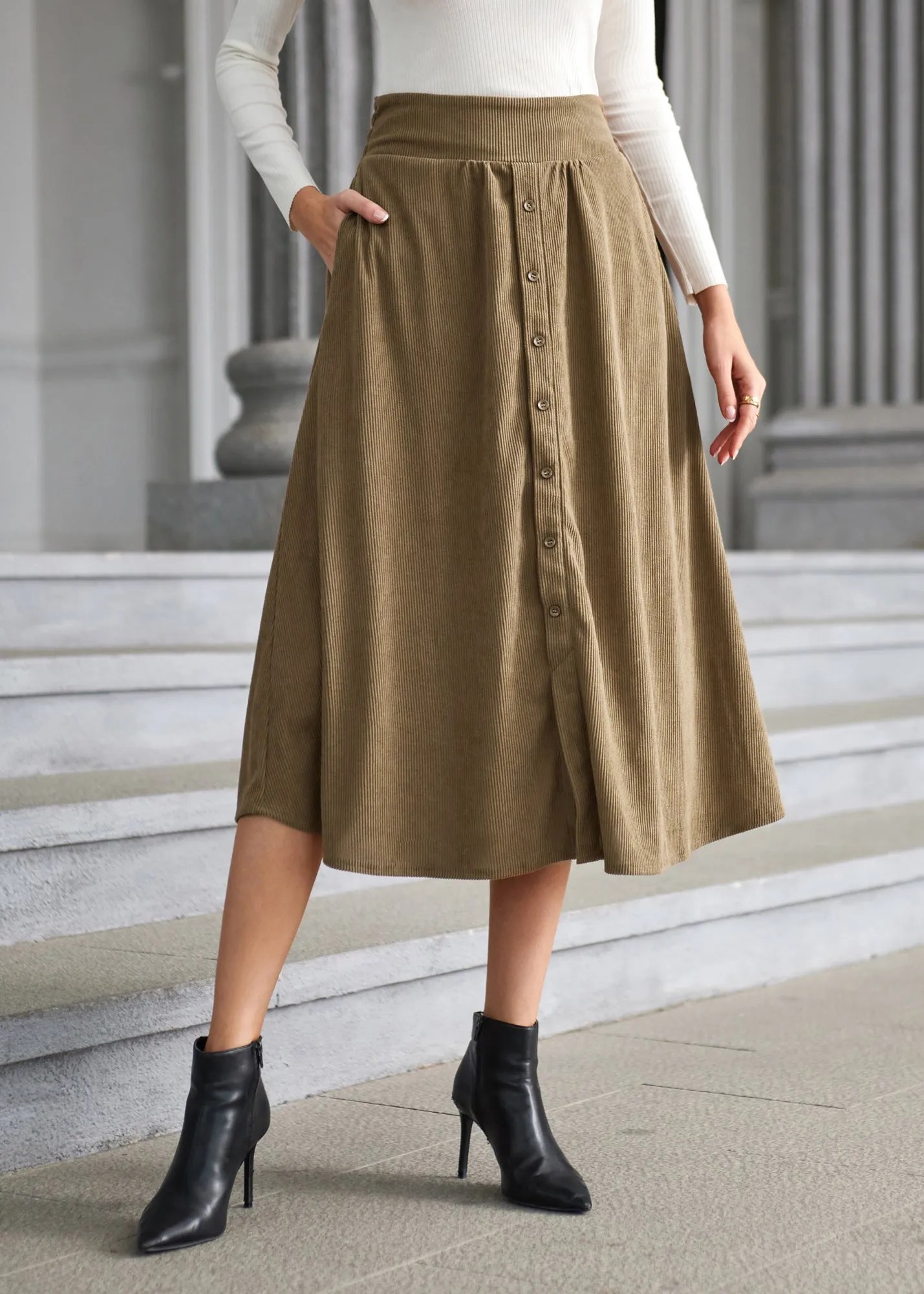 Women's High Waist Midi Skirt Vintage Elastic A-Line Pleated Button Skirts with Pockets
