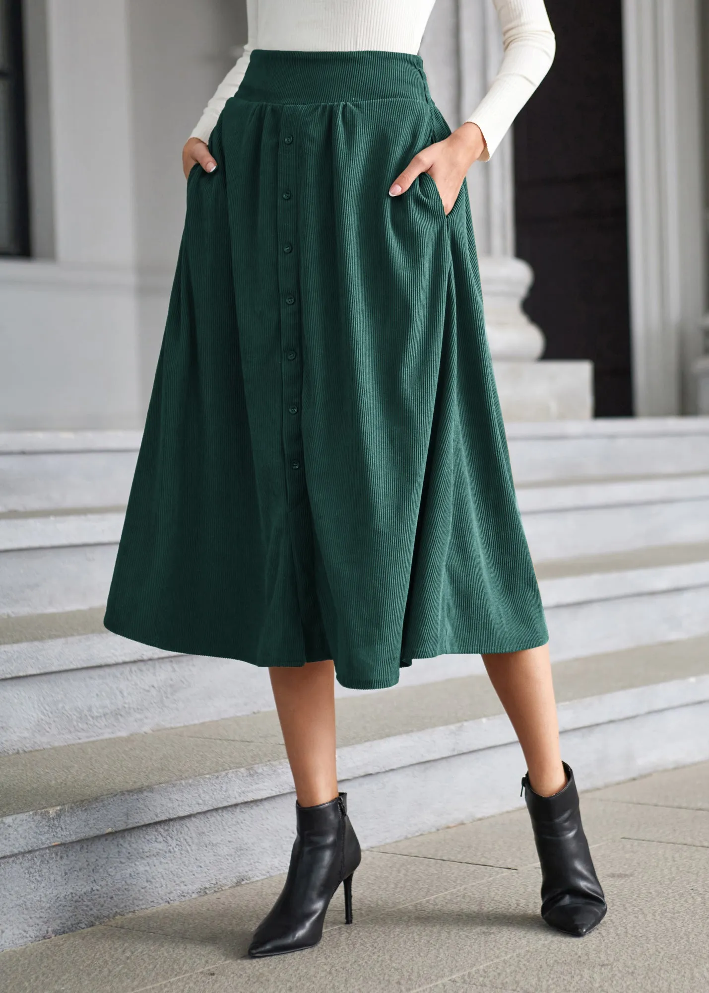 Women's High Waist Midi Skirt Vintage Elastic A-Line Pleated Button Skirts with Pockets