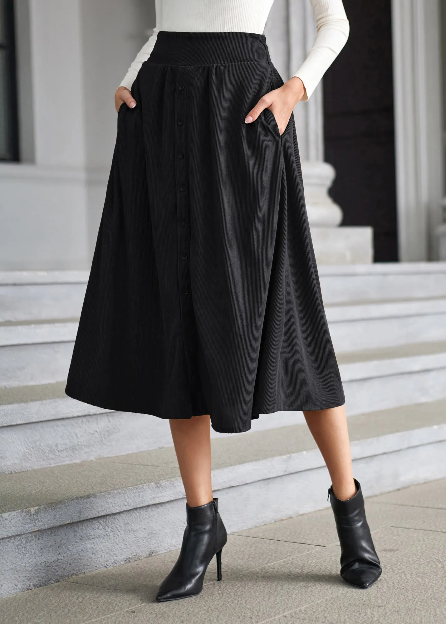 Women's High Waist Midi Skirt Vintage Elastic A-Line Pleated Button Skirts with Pockets