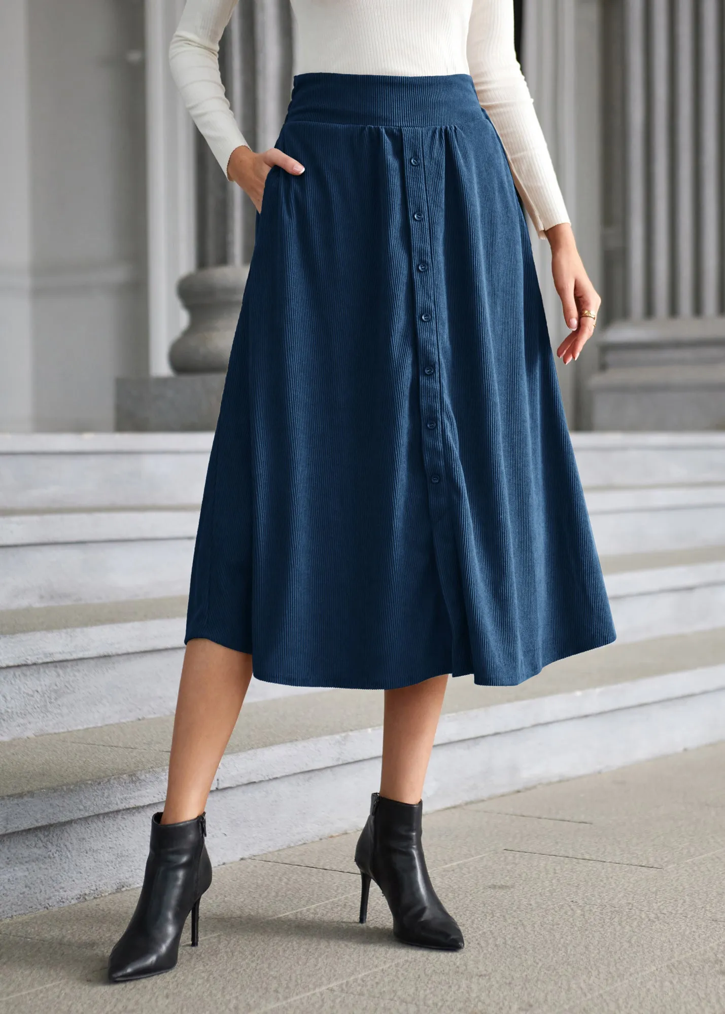 Women's High Waist Midi Skirt Vintage Elastic A-Line Pleated Button Skirts with Pockets