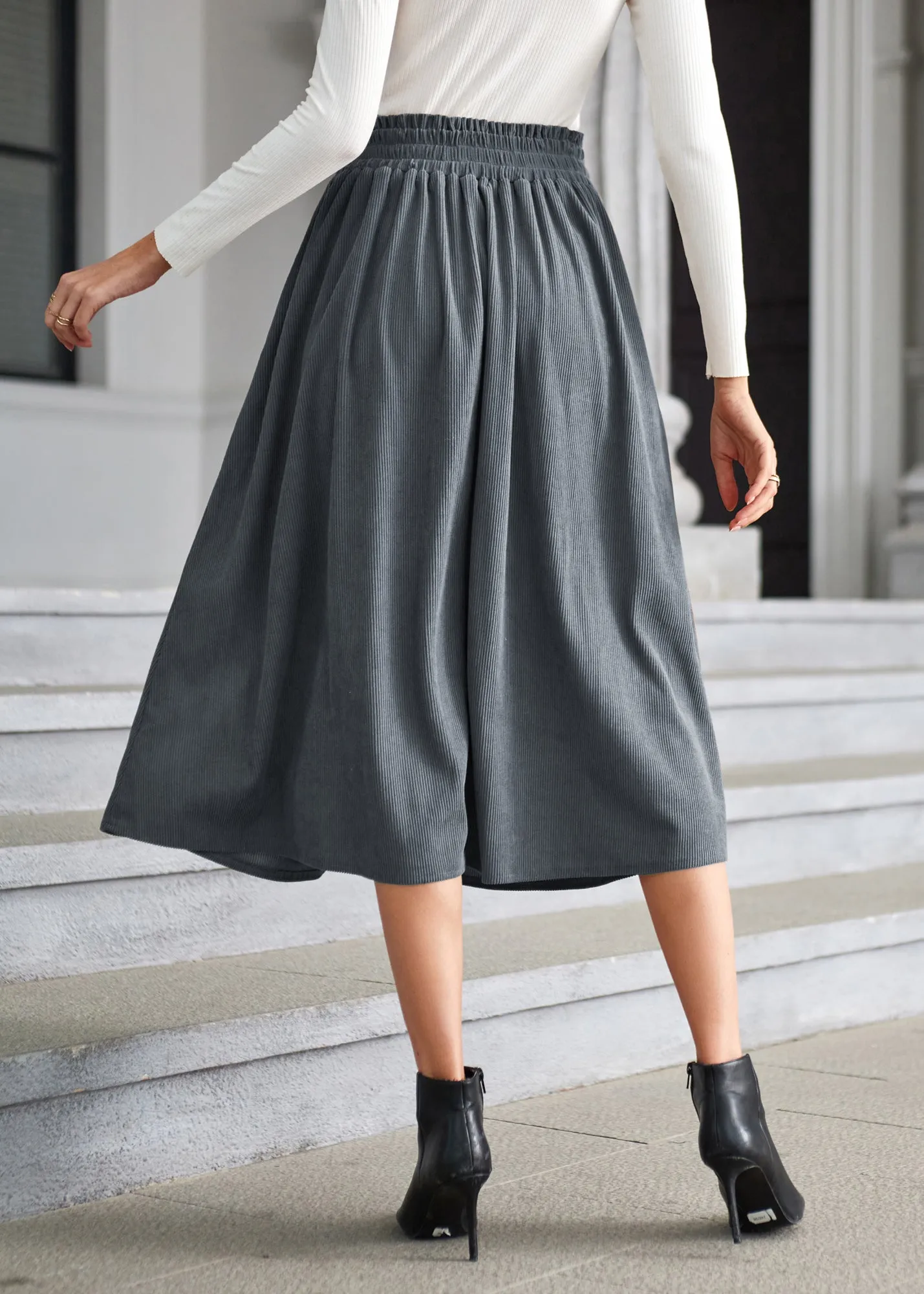 Women's High Waist Midi Skirt Vintage Elastic A-Line Pleated Button Skirts with Pockets