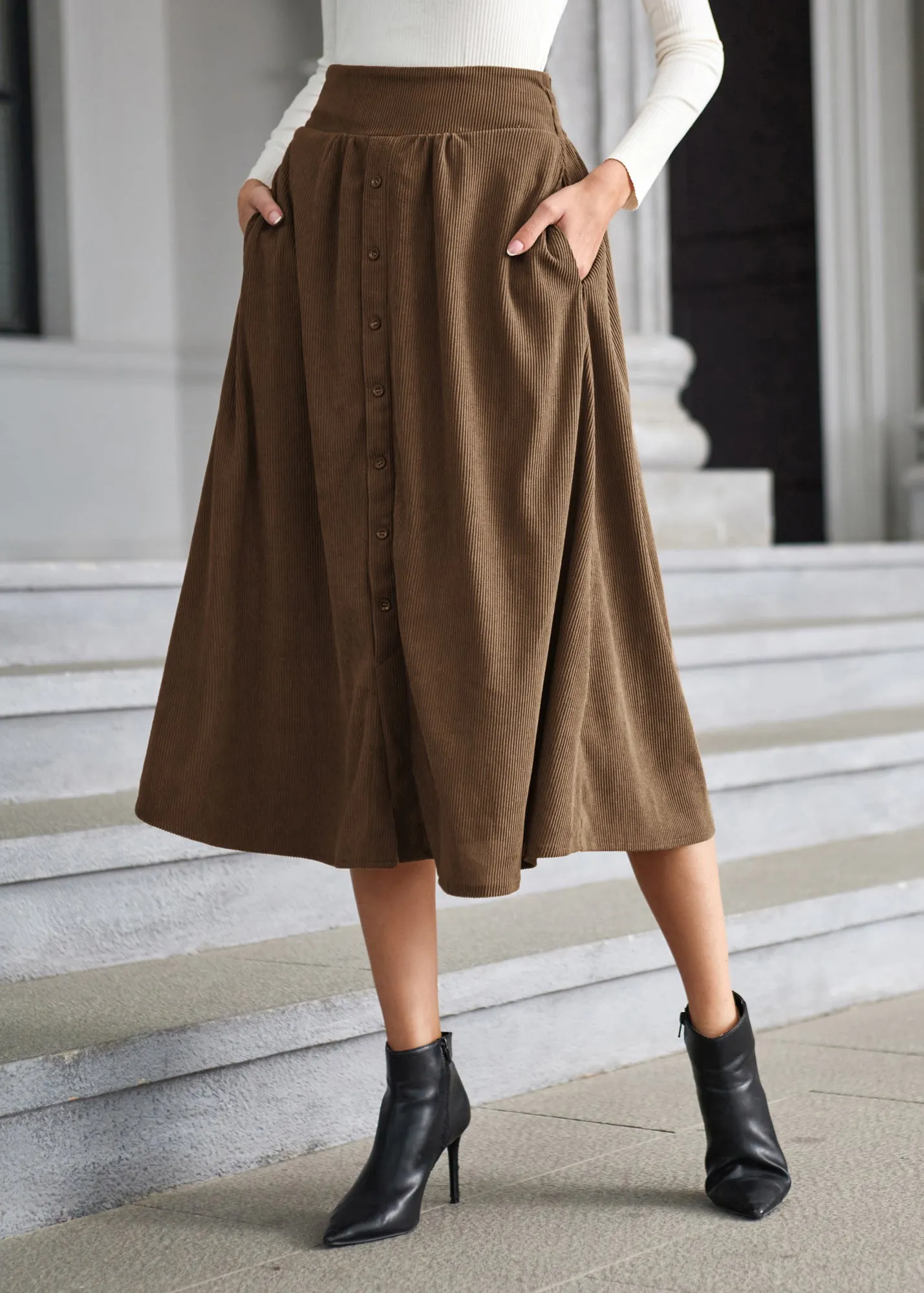 Women's High Waist Midi Skirt Vintage Elastic A-Line Pleated Button Skirts with Pockets