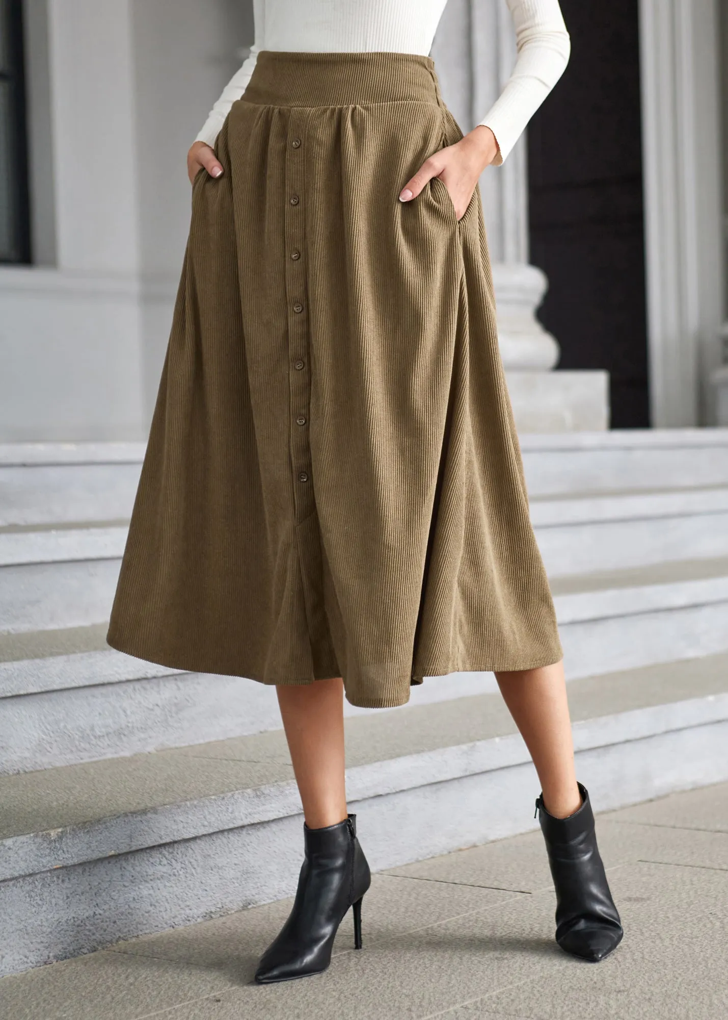Women's High Waist Midi Skirt Vintage Elastic A-Line Pleated Button Skirts with Pockets