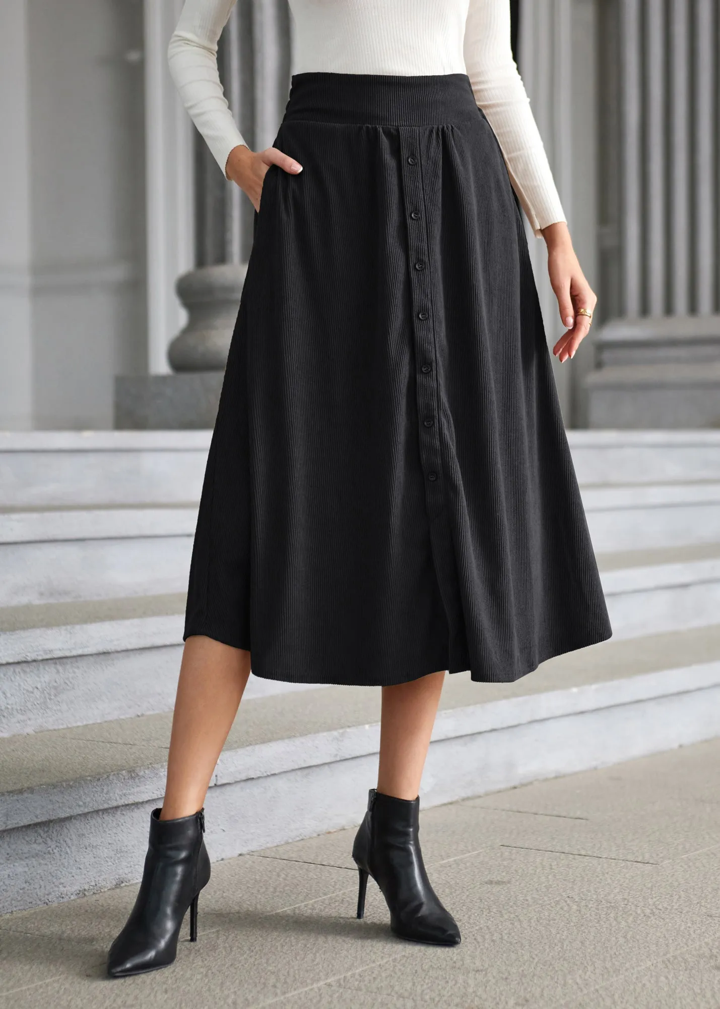 Women's High Waist Midi Skirt Vintage Elastic A-Line Pleated Button Skirts with Pockets