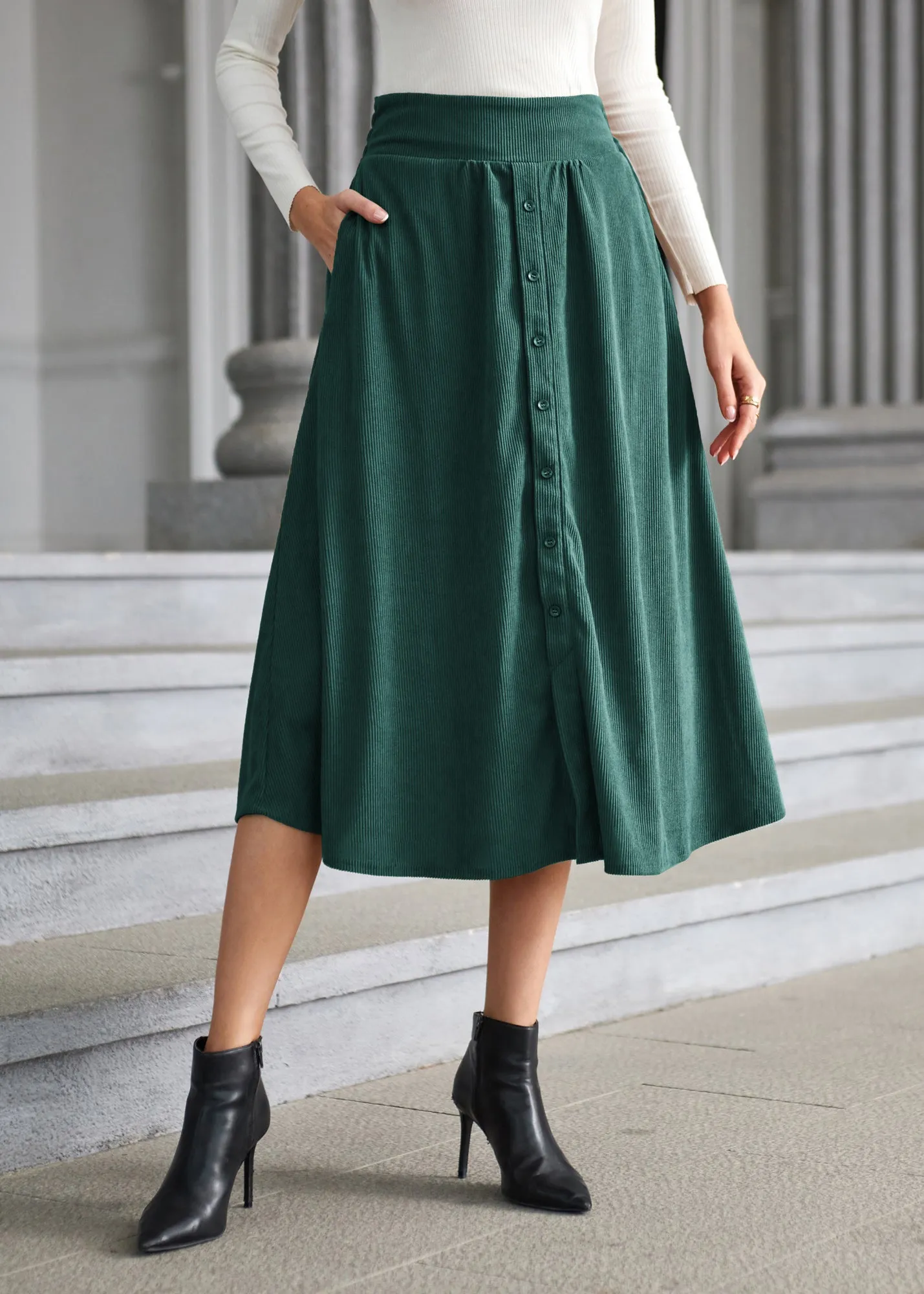 Women's High Waist Midi Skirt Vintage Elastic A-Line Pleated Button Skirts with Pockets