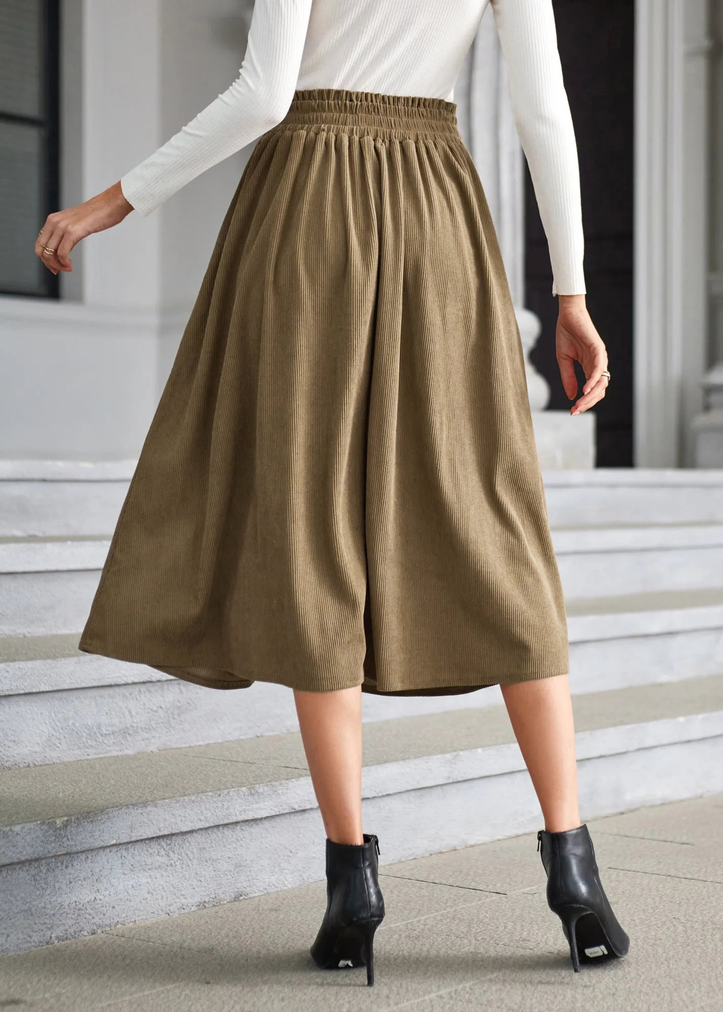 Women's High Waist Midi Skirt Vintage Elastic A-Line Pleated Button Skirts with Pockets