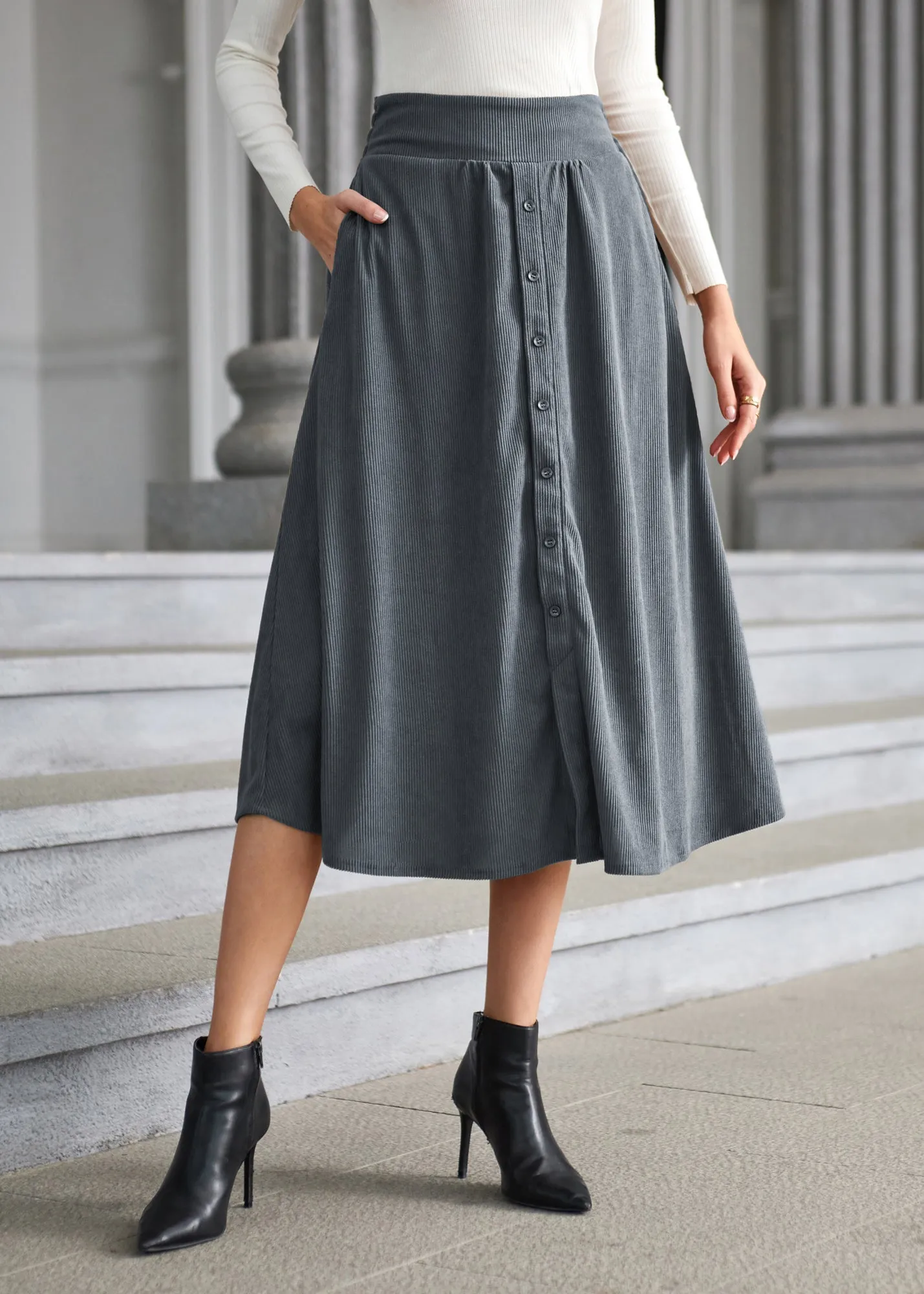 Women's High Waist Midi Skirt Vintage Elastic A-Line Pleated Button Skirts with Pockets