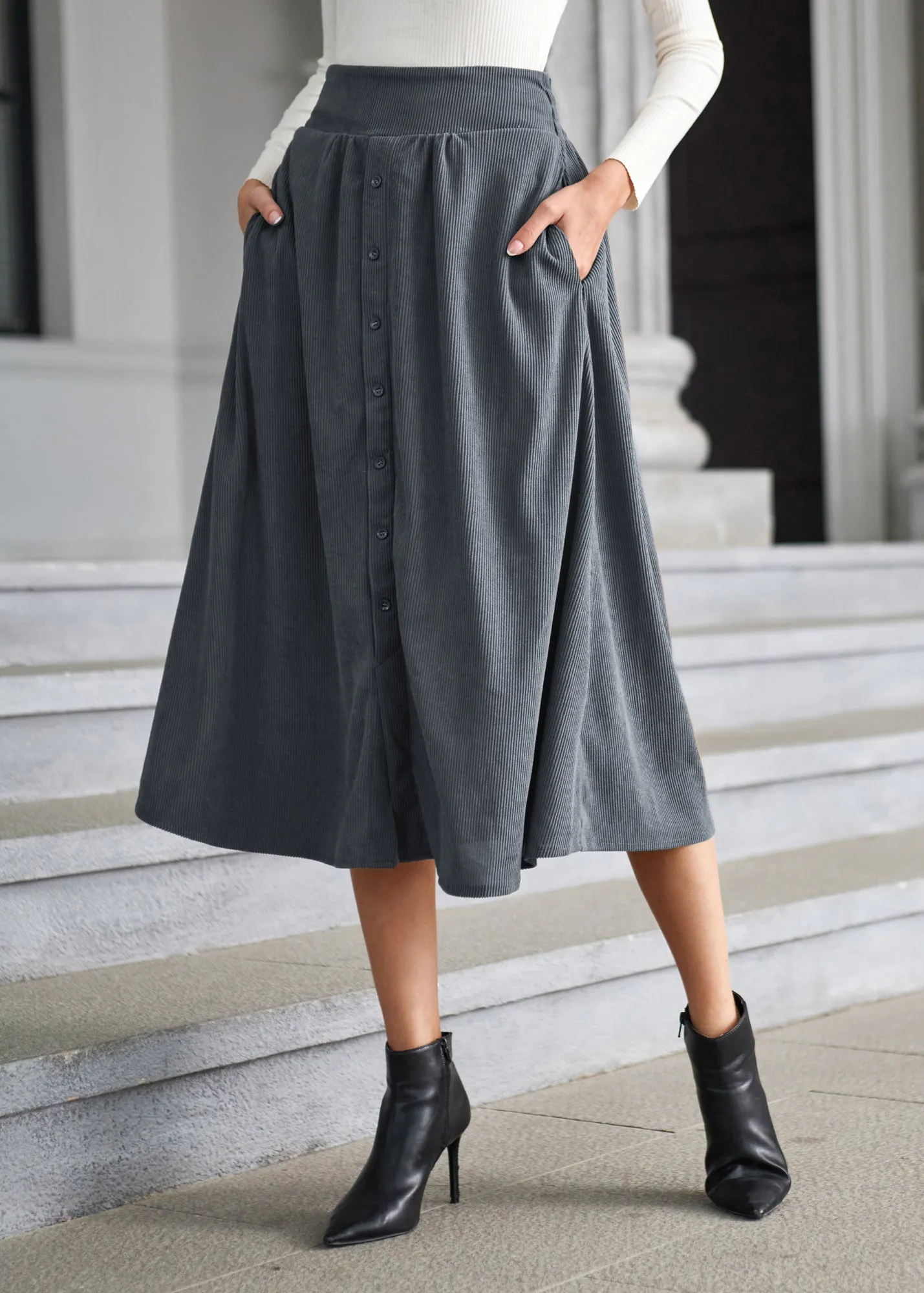 Women's High Waist Midi Skirt Vintage Elastic A-Line Pleated Button Skirts with Pockets