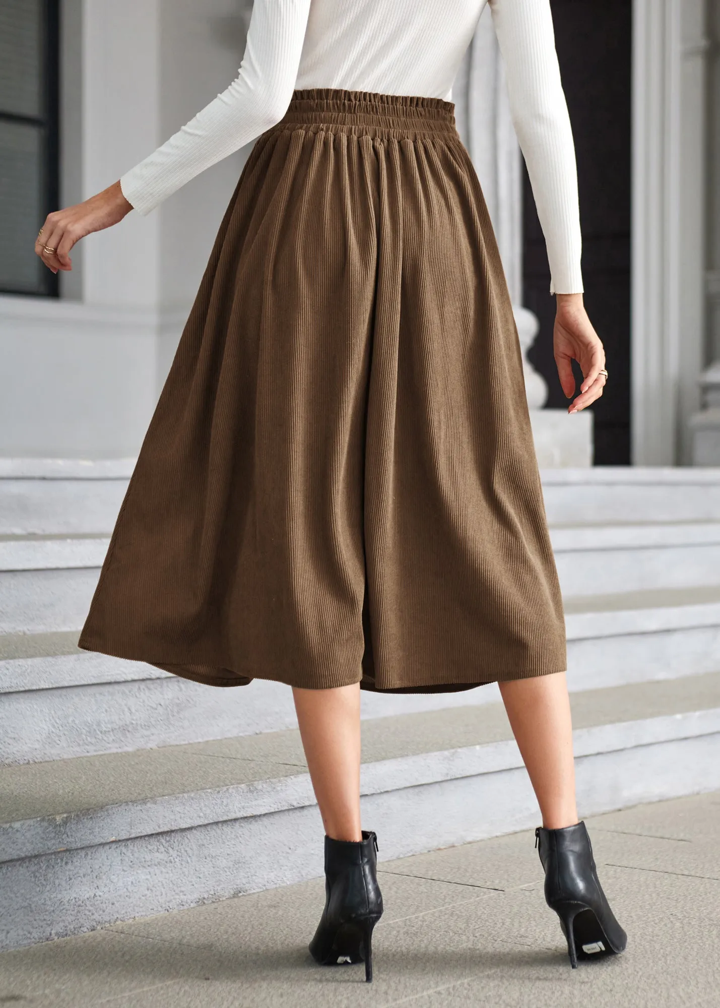 Women's High Waist Midi Skirt Vintage Elastic A-Line Pleated Button Skirts with Pockets