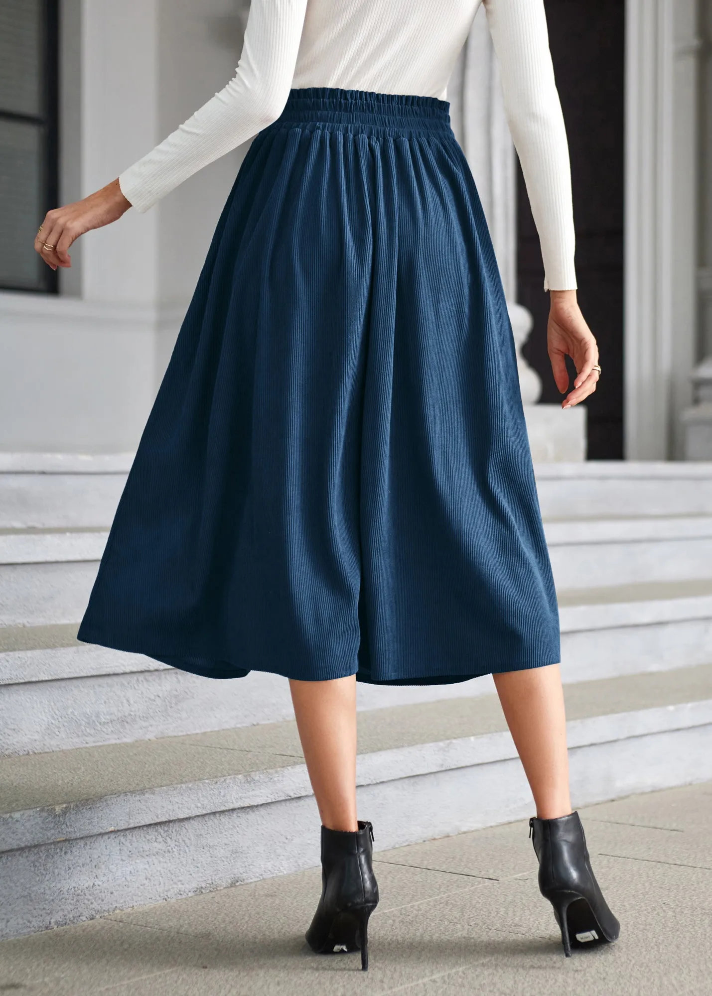 Women's High Waist Midi Skirt Vintage Elastic A-Line Pleated Button Skirts with Pockets