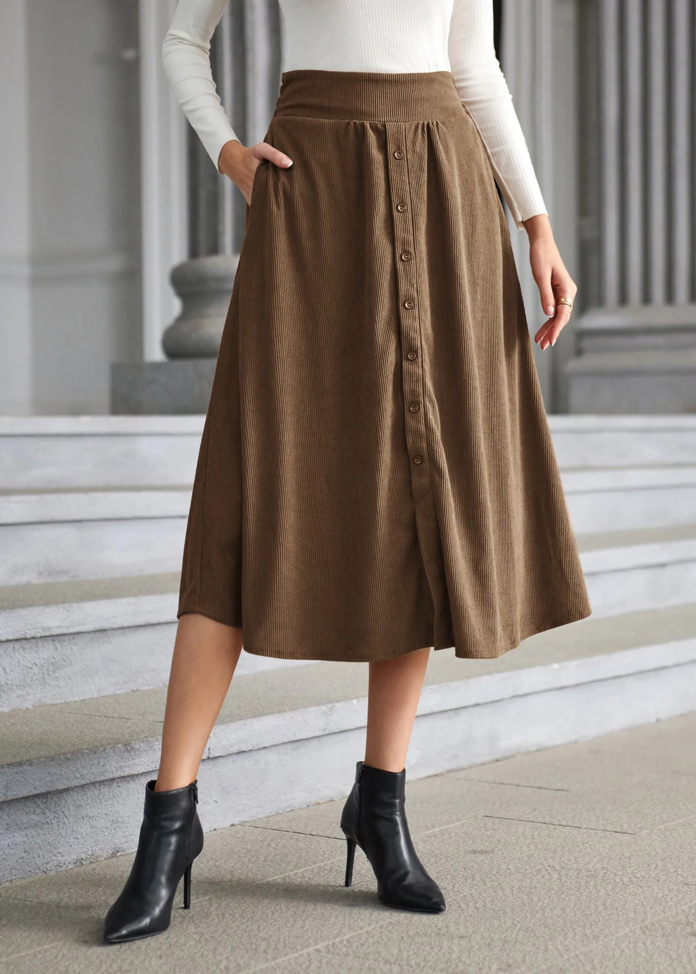 Women's High Waist Midi Skirt Vintage Elastic A-Line Pleated Button Skirts with Pockets