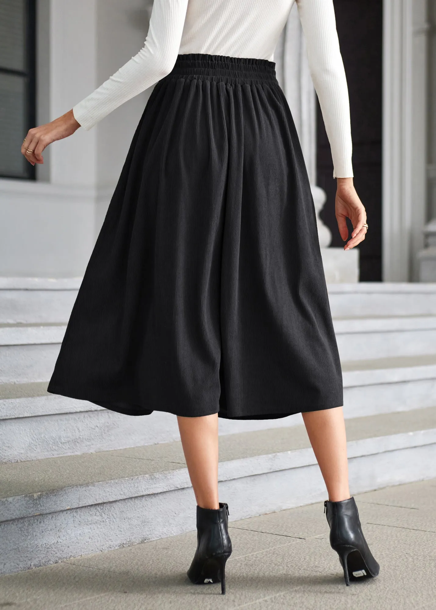 Women's High Waist Midi Skirt Vintage Elastic A-Line Pleated Button Skirts with Pockets