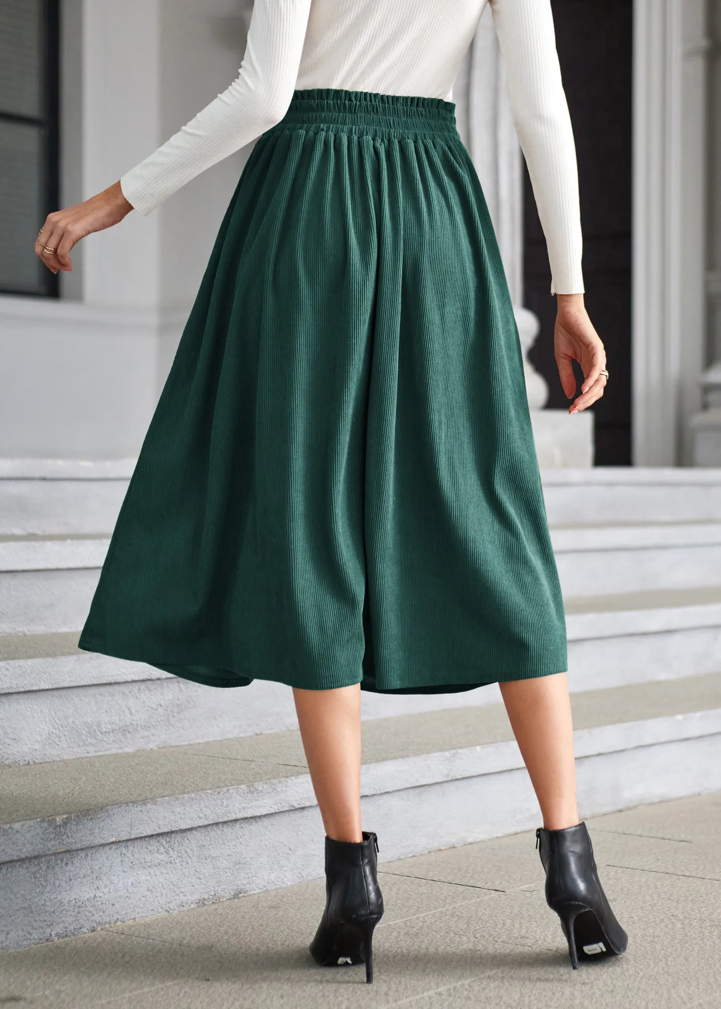 Women's High Waist Midi Skirt Vintage Elastic A-Line Pleated Button Skirts with Pockets