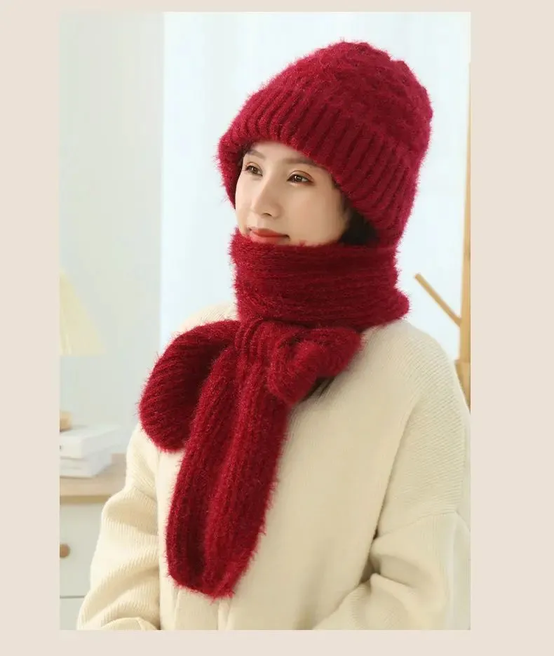 Women's Winter Knitted Fleece-lined Scarf And Hat