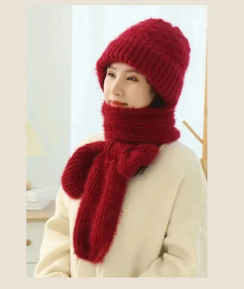 Women's Winter Knitted Fleece-lined Scarf And Hat