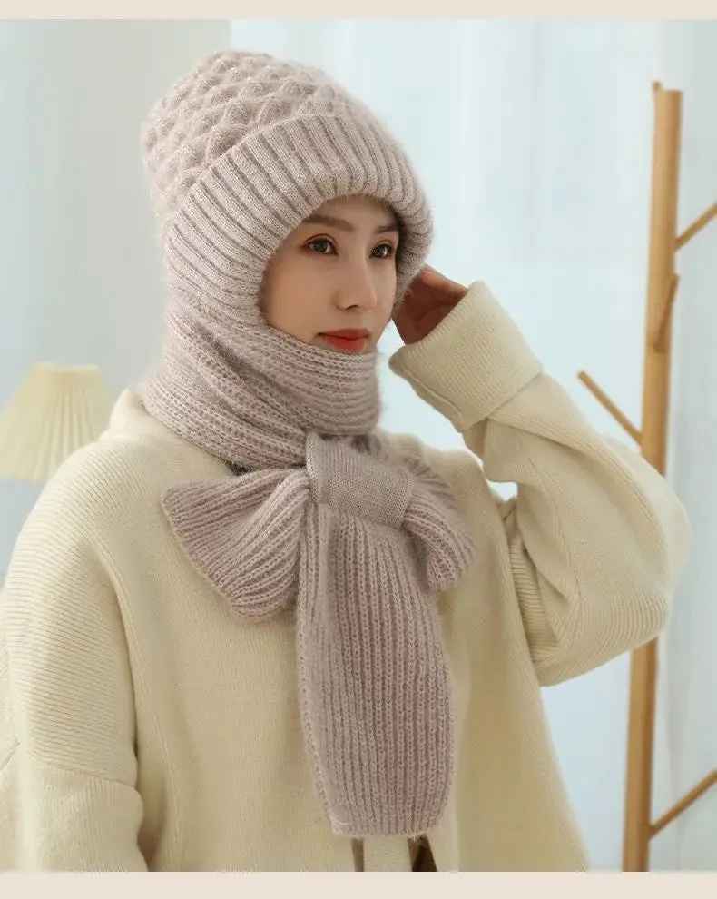 Women's Winter Knitted Fleece-lined Scarf And Hat