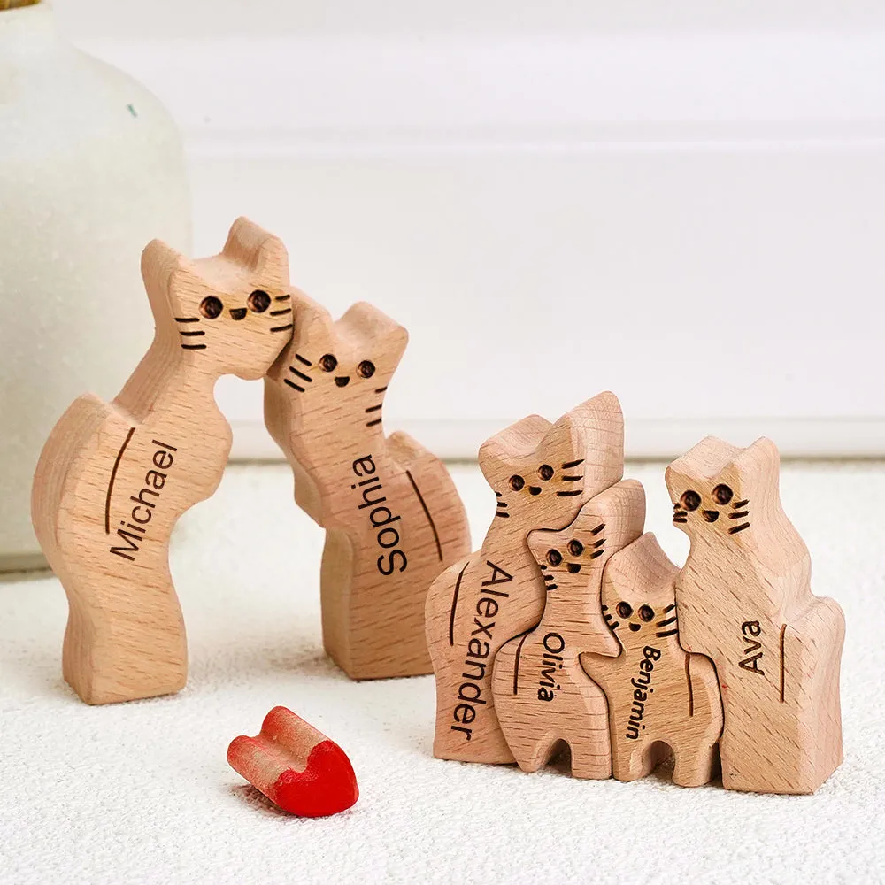 Wooden Cats Family Custom Names Puzzle Home Decor Gifts