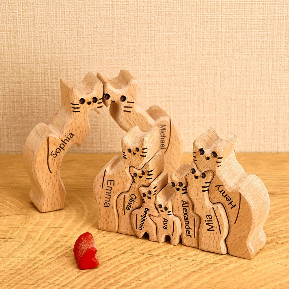 Wooden Cats Family Custom Names Puzzle Home Decor Gifts