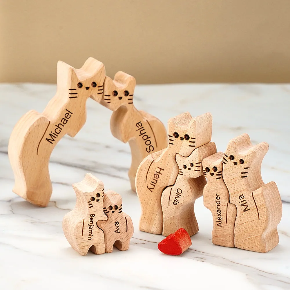 Wooden Cats Family Custom Names Puzzle Home Decor Gifts