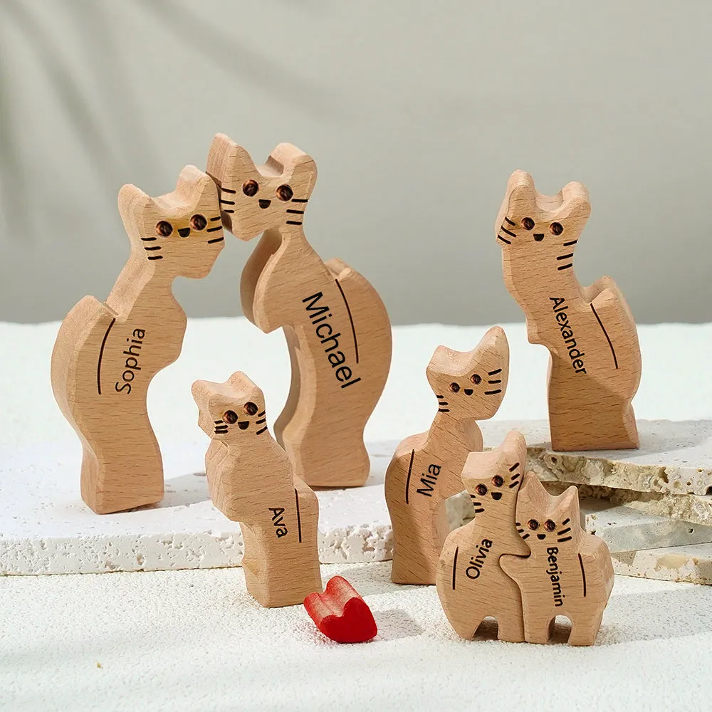 Wooden Cats Family Custom Names Puzzle Home Decor Gifts