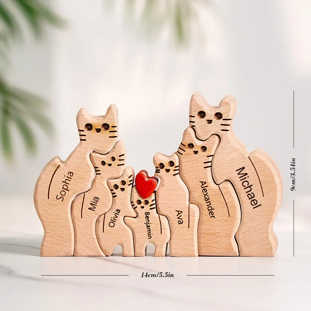 Wooden Cats Family Custom Names Puzzle Home Decor Gifts