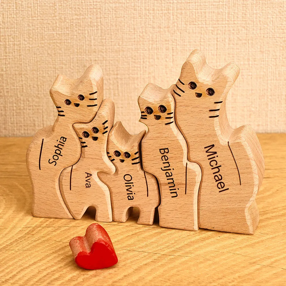 Wooden Cats Family Custom Names Puzzle Home Decor Gifts