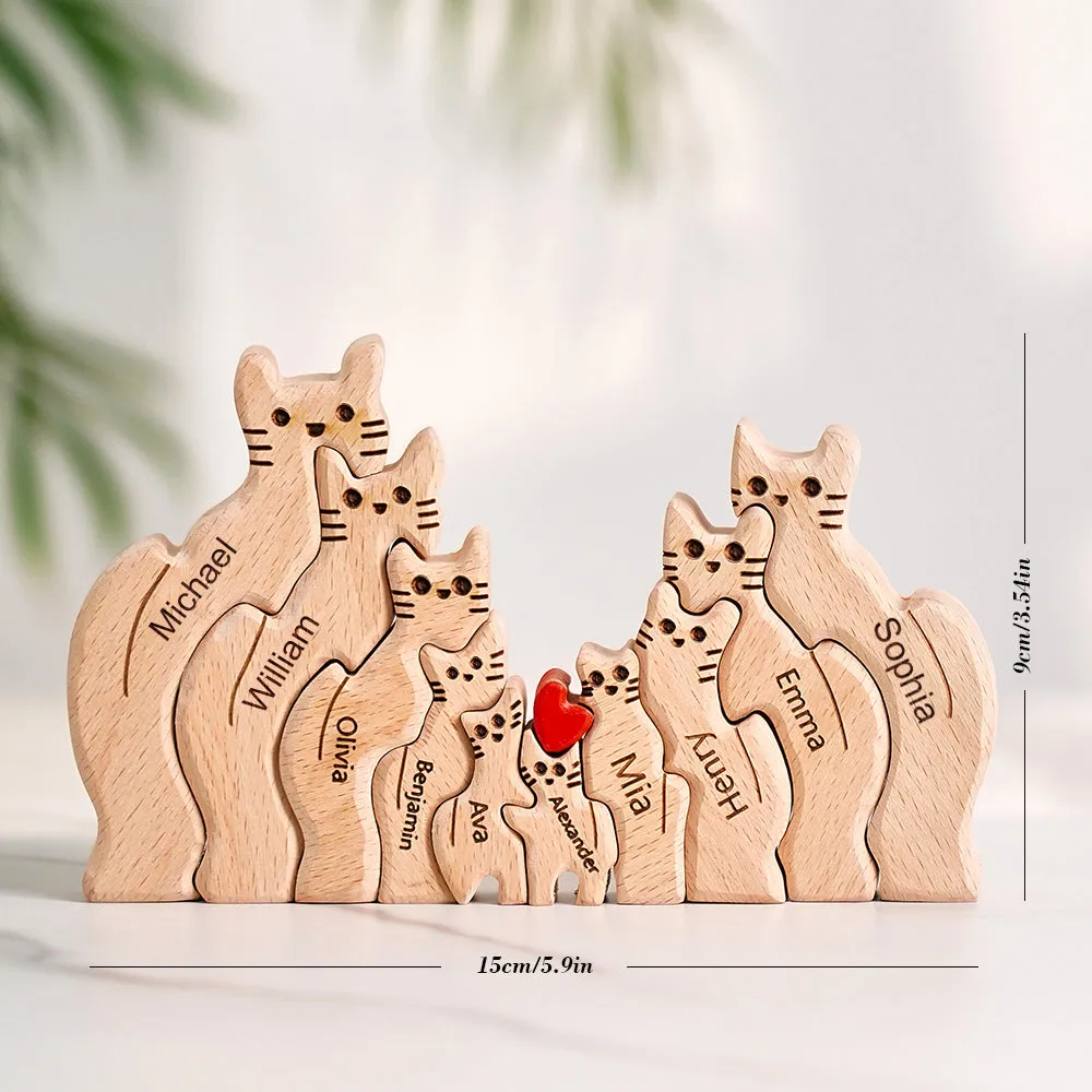 Wooden Cats Family Custom Names Puzzle Home Decor Gifts